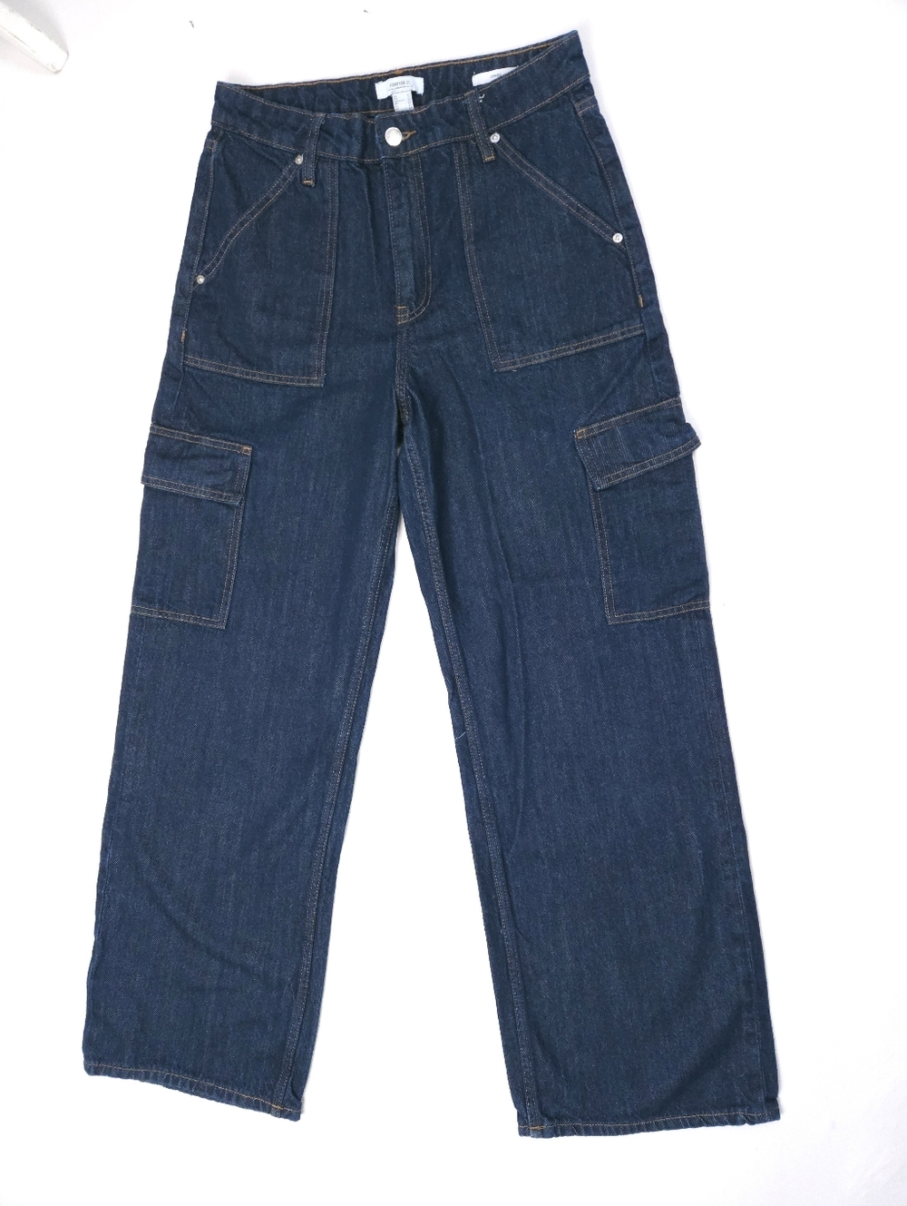 Forever 21 Dark Wash Denim 100% Cotton Wide-Leg Cargo Jeans 27